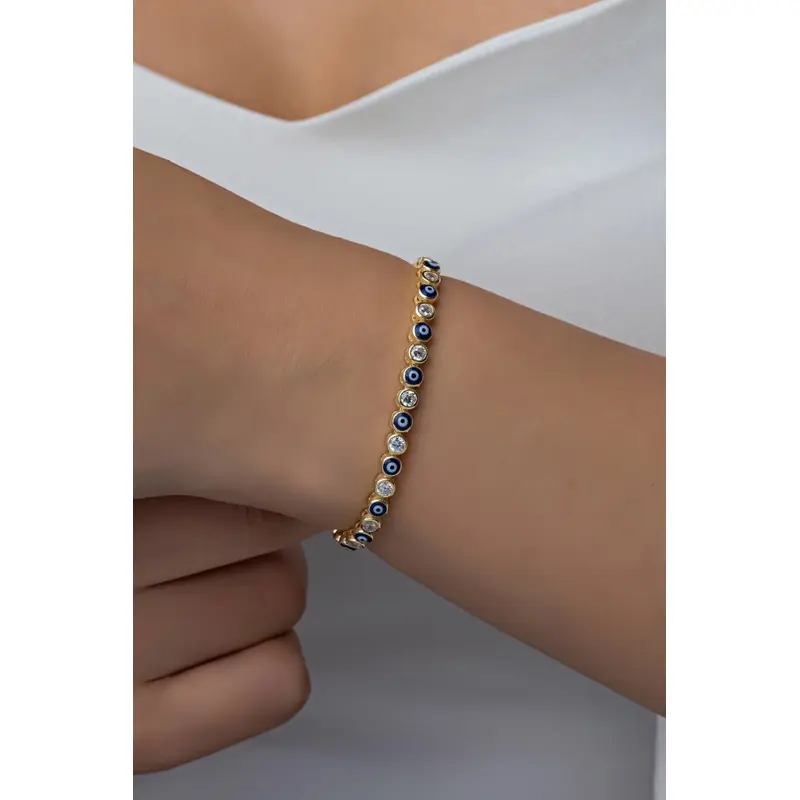 Elegant 925 Sterling Silver Gold Plated Waterway Bracelet with Nazar Evil Eye