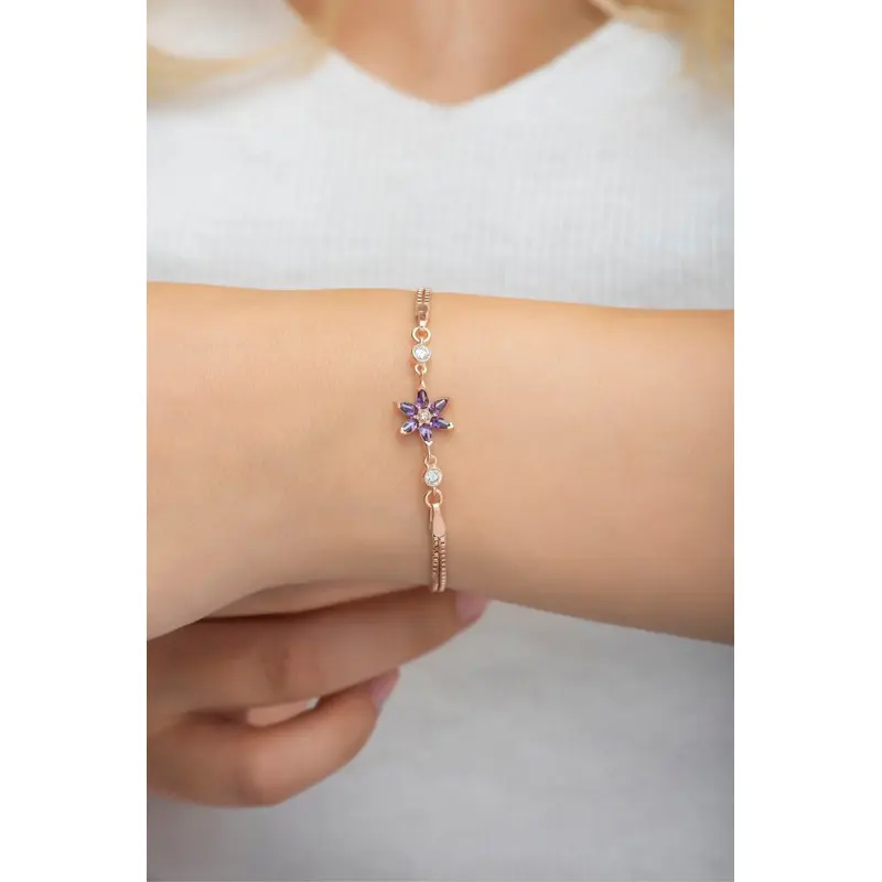 Elegant 925 Sterling Silver Lotus Flower Bracelet with Purple Zircon & Rose Gold Plating
