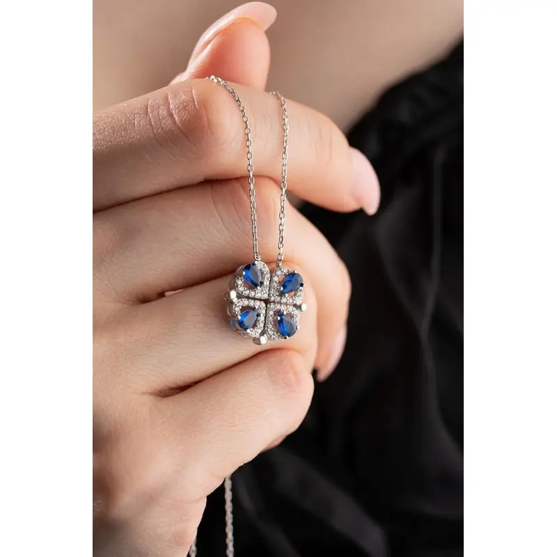 Elegant 925 Sterling Silver Magnetized Detachable Blue Zirconia Clover Necklace  Rhodium Plated 4-Heart Design