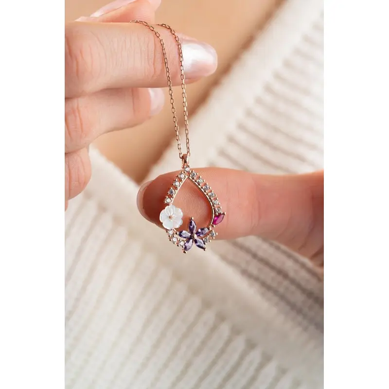 Elegant 925 Sterling Silver Magnolia Blossom & Purple Camellia Drop Necklace | Rose Gold Plated Zircon Pendant