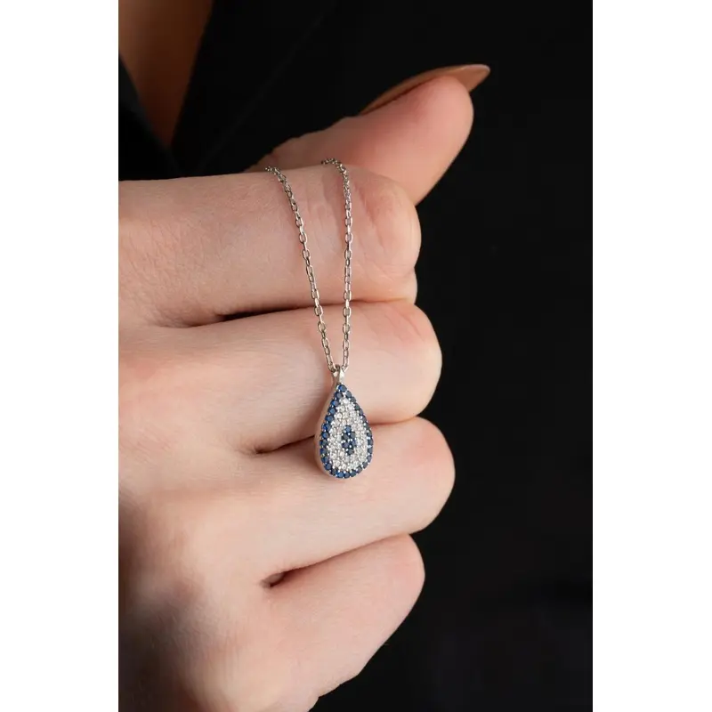Elegant 925 Sterling Silver Nazar Evil Eye Drop Necklace | Rhodium Plated Protection Pendant