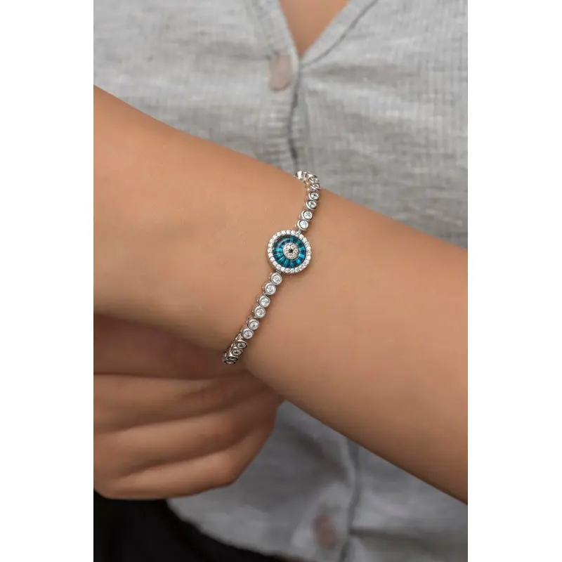 Elegant 925 Sterling Silver Rhodium Plated Nazar Evil Eye Waterway Bracelet - Protection & Good Luck Charm
