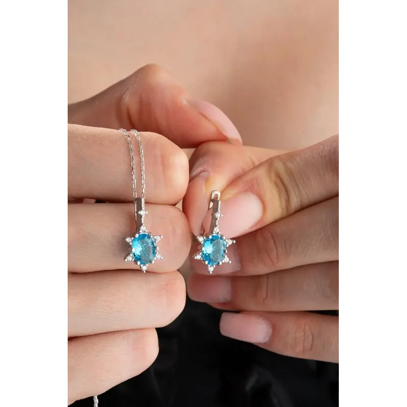 Elegant Aquamarine Oval Stone 925 Sterling Silver Necklace & Earrings Set - Rhodium Plated Fine Jewelry Gift