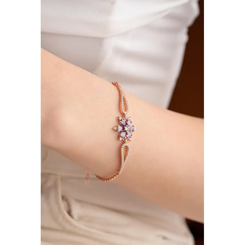 Elegant Rose Gold Plated 925 Sterling Silver Purple Zircon Flower Cuff Bracelet - Adjustable & Gift Boxed