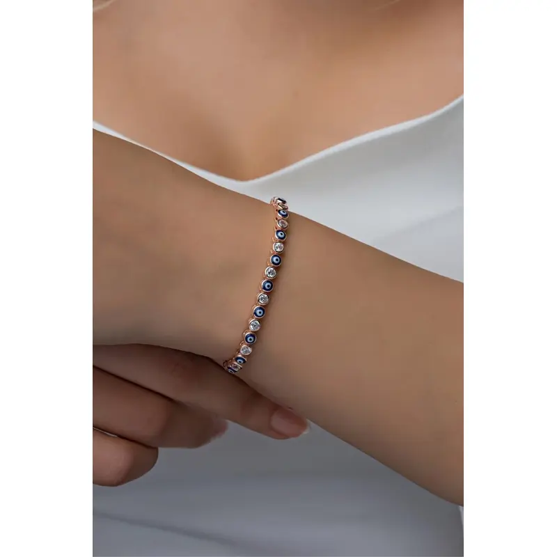 Elegant Rose Gold Plated 925 Sterling Silver Waterway Bracelet with Nazar Evil Eye Protection Charm