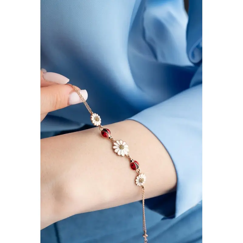 Elegant Rose Plated 925 Sterling Silver 3-Piece Daisy Bracelet with Zircon Stones