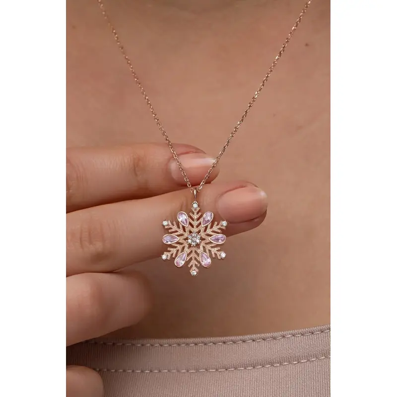 Elegant Rose Plated 925 Sterling Silver Snowflake Necklace with Pink Zircon Stone