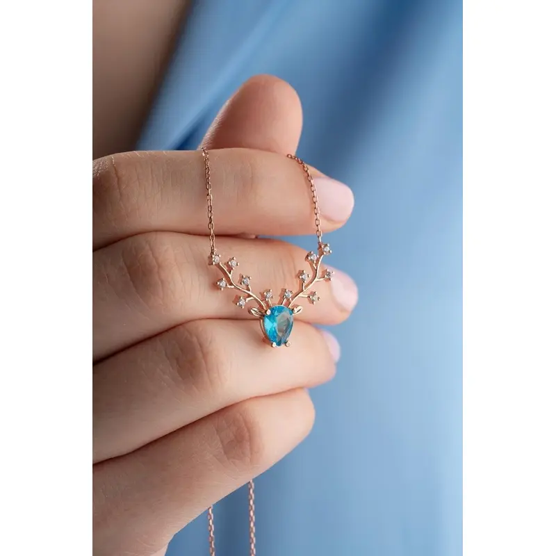 Elegant Rose Plated Aquamarine Reindeer Necklace | 925 Sterling Silver Dainty Deer Pendant with Zircon Accent, Gift Boxed
