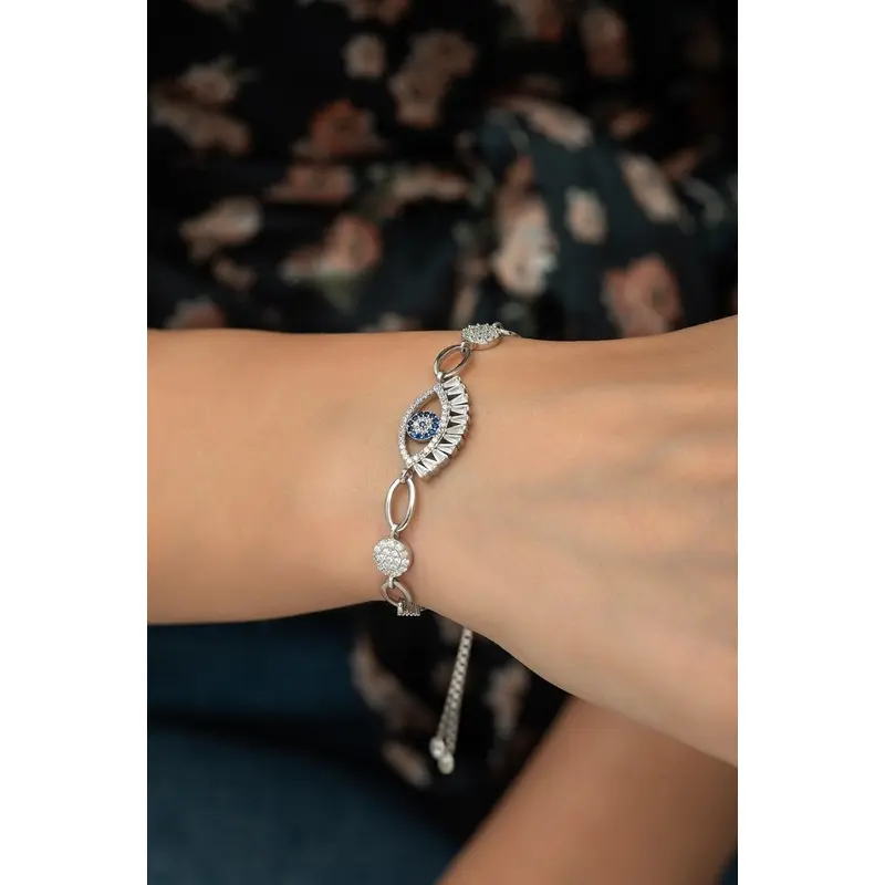 Elegant Women's 925 Sterling Silver Nazar Evil Eye Bracelet - Adjustable & Rhodium Plated