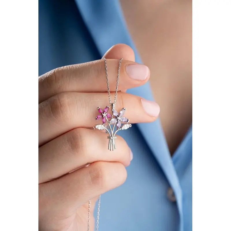 Exquisite 925 Sterling Silver Rhodium Plated Camellia Flower Necklace - Delicate Floral Bouquet Fine Jewelry Gift for Women