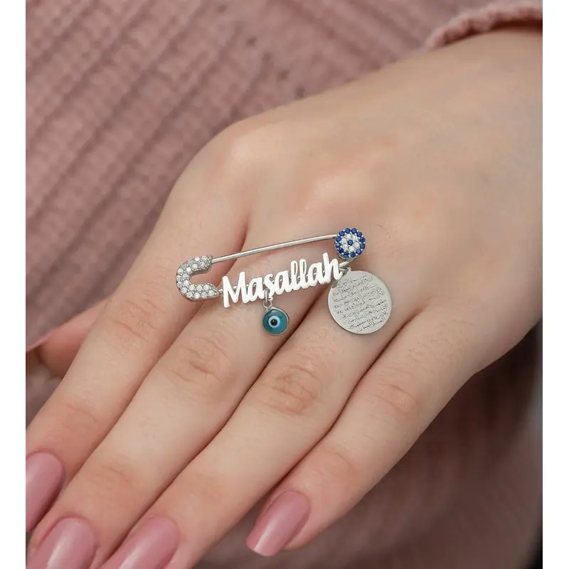 Exquisite Rose Gold Plated Sterling Silver Mashallah Nazar Evil Eye Baby Pin with Zircon Stones - Islamic Protection & Charm Gift
