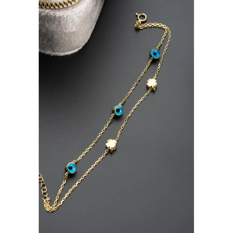 Gold Plated 925 Sterling Silver Double Chain Clover Nazar Evil Eye Bracelet