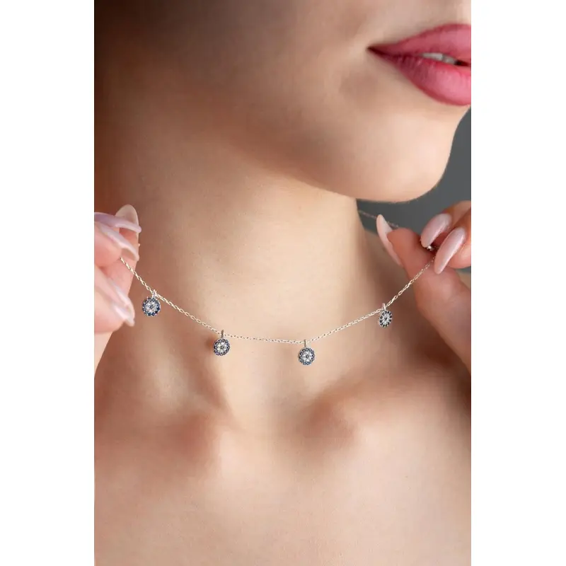 Rhodium Plated 925 Sterling Silver Nazar Evil Eye Protection & Lucky Charm Necklace with Zircon