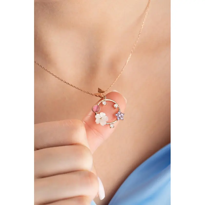 Spring Elegance: Delicate Magnolia Blossom & Butterfly 925 Sterling Silver Necklace with Rose Gold Finish