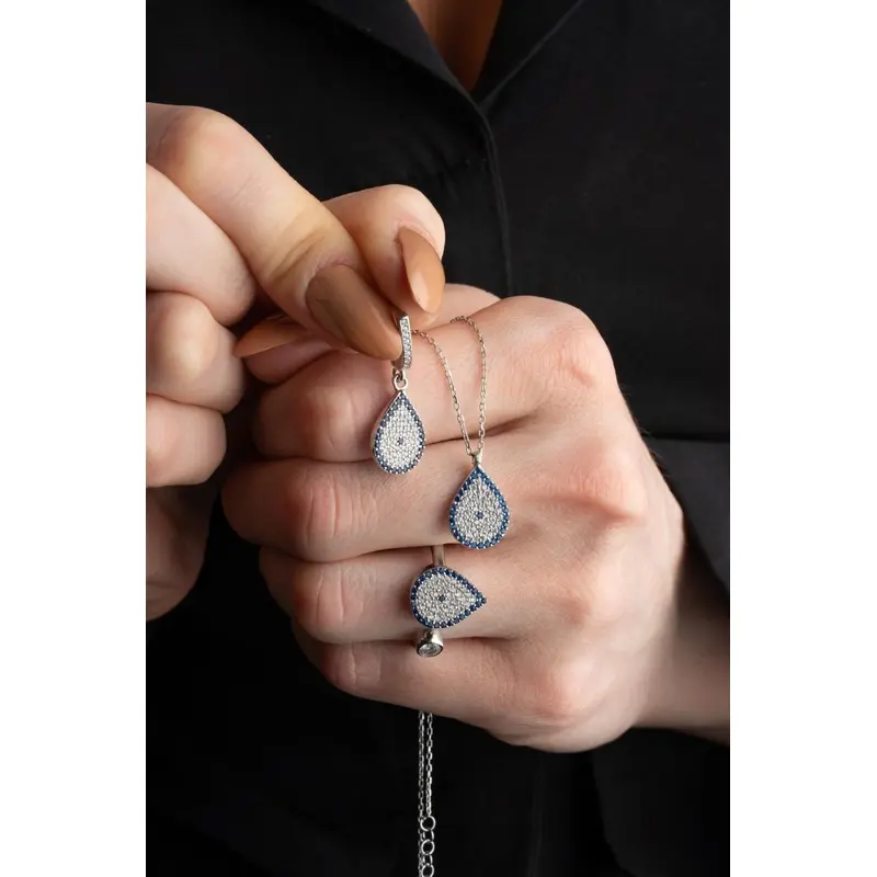 Turkish Nazar Evil Eye 925 Sterling Silver Jewelry Set | Rhodium Plated Earrings, Adjustable Ring & Necklace with Zircon Stones