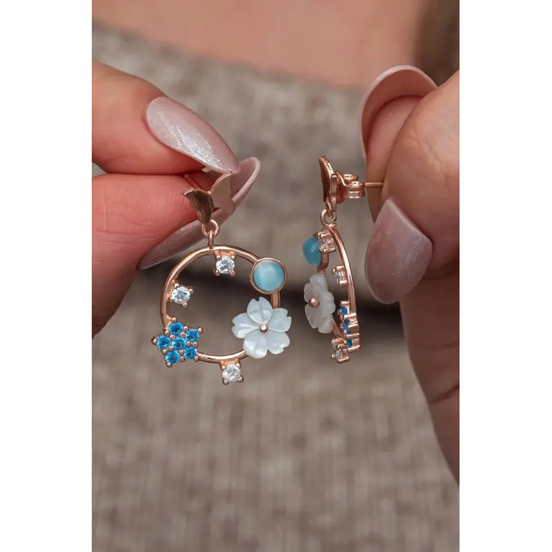 925 Sterling Silver Blue Zircon Magnolia Flower & Butterfly Drop Earrings for Women