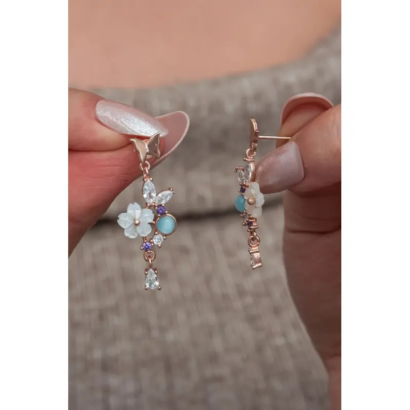 925 Sterling Silver Magnolia Butterfly Earrings | Blue Zircon & Rose Veneer Drop