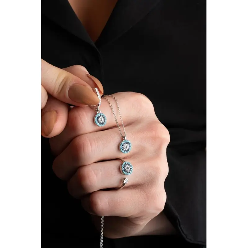 925 Sterling Silver Nazar Evil Eye Jewelry Set - Rhodium Plated Necklace, Adjustable Ring & Earrings with Zircon, Gift Boxed