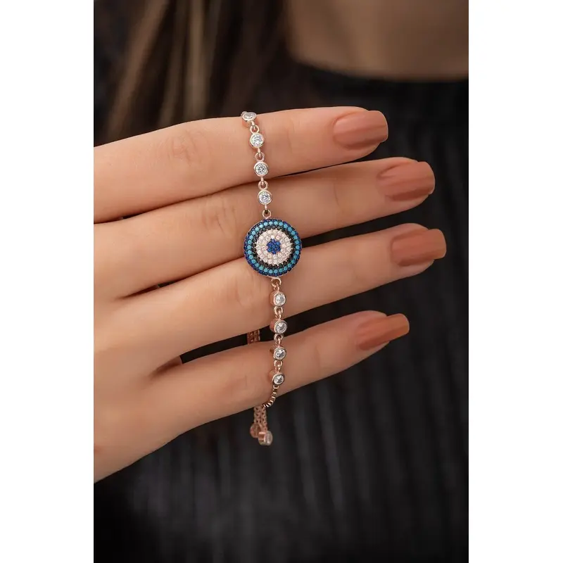 925 Sterling Silver Rose Charm Bracelet - Rose Gold Plated & Adjustable with Zircon Stones