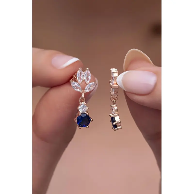 925 Sterling Silver Rose Gold Plated Blue Zirconia Drop Earrings for Women | Elegant Dangling Solitaire Jewelry