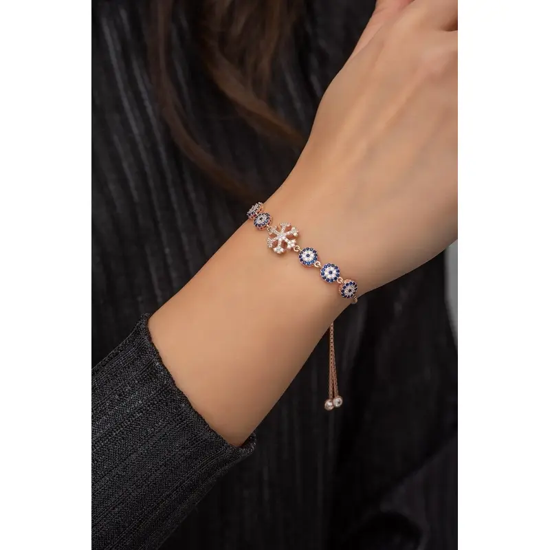 925 Sterling Silver Rose Gold Plated Snowflake Nazar Evil Eye Bracelet with Zircon Stones - Adjustable & Gift-Ready