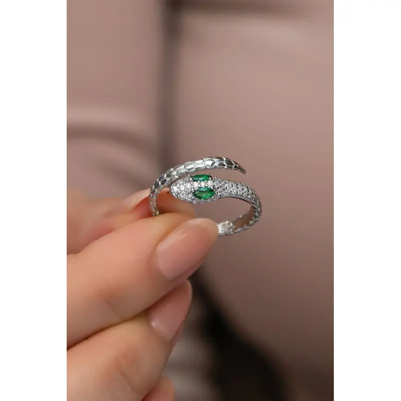 Adjustable Snake Design Zircon Ring - 925 Sterling Silver & Rhodium Plated for Women