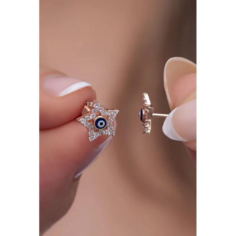 Blue Enamel Evil Eye Star Earrings | 925 Sterling Silver & Rose Gold Plated Protection Jewelry