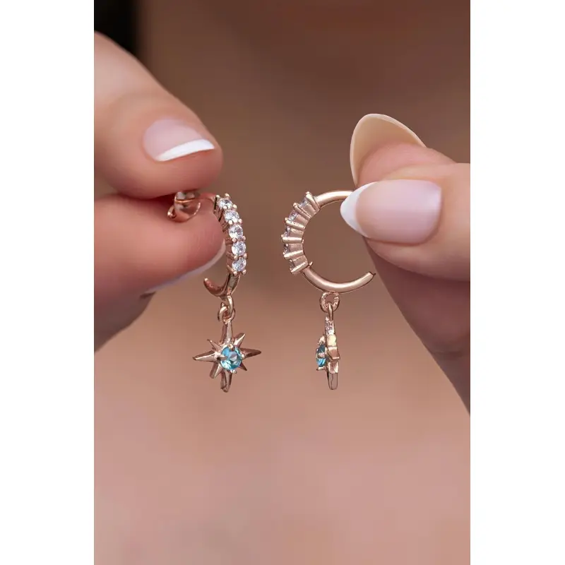 Celestial Rose Gold Plated 925 Sterling Silver Zircon 5-Stone Dangling Pole Star Earrings