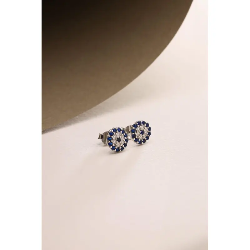 Chic Minimal Evil Eye Nazar Earrings | 925 Sterling Silver Rhodium Plated Studs