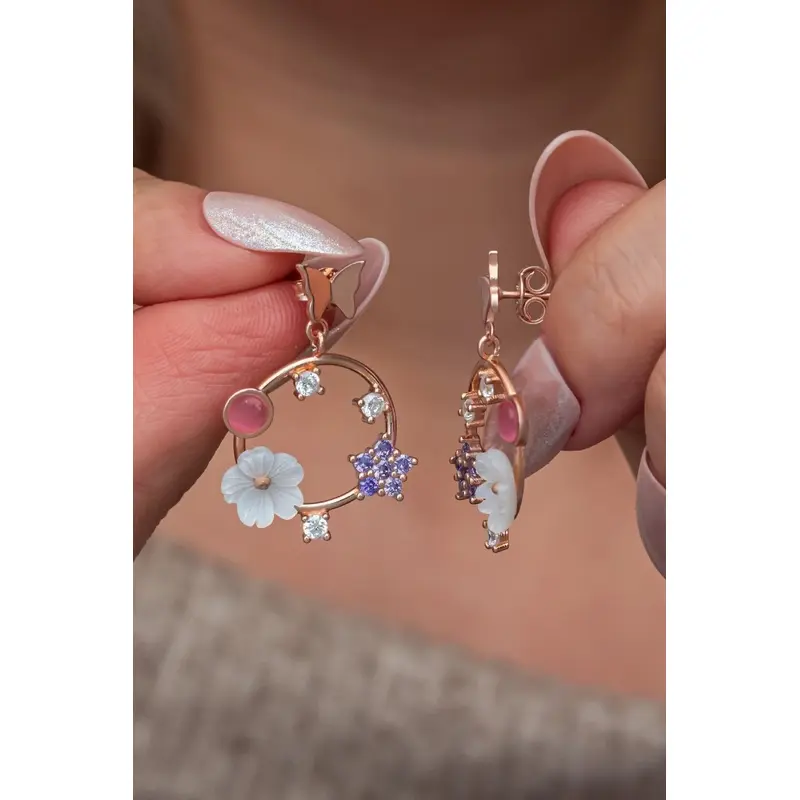 Elegant 925 Sterling Silver Magnolia Flower Butterfly Earrings with Pink Zircon Stone | Timeless Gift for Her