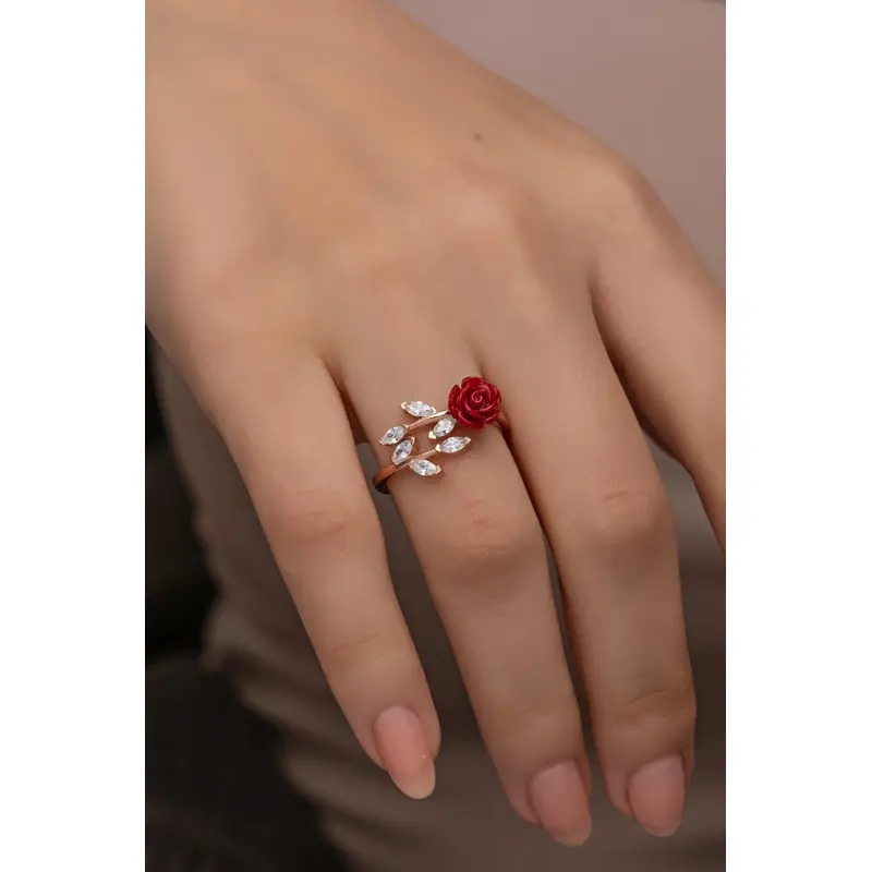 Elegant 925 Sterling Silver Red Rose Ivy Adjustable Ring | Zircon Stone Detail