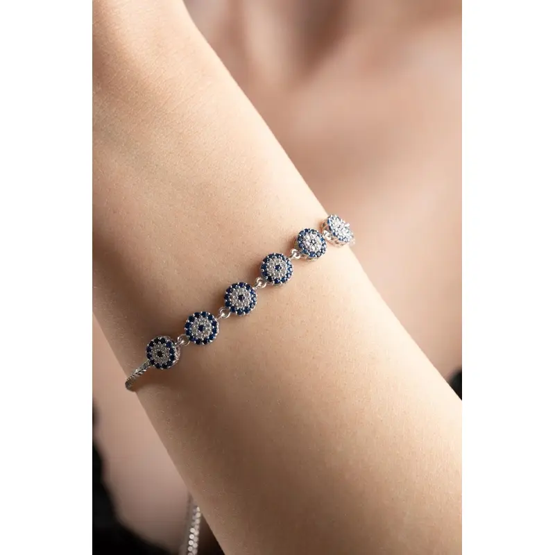 Elegant 925 Sterling Silver Rhodium Nazar Evil Eye Bracelet - Adjustable Protection Charm Jewelry