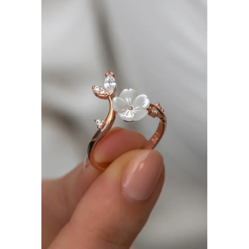 Elegant 925 Sterling Silver Rose Veneer Magnolia Flower Adjustable Ring with Sparkling Zircon