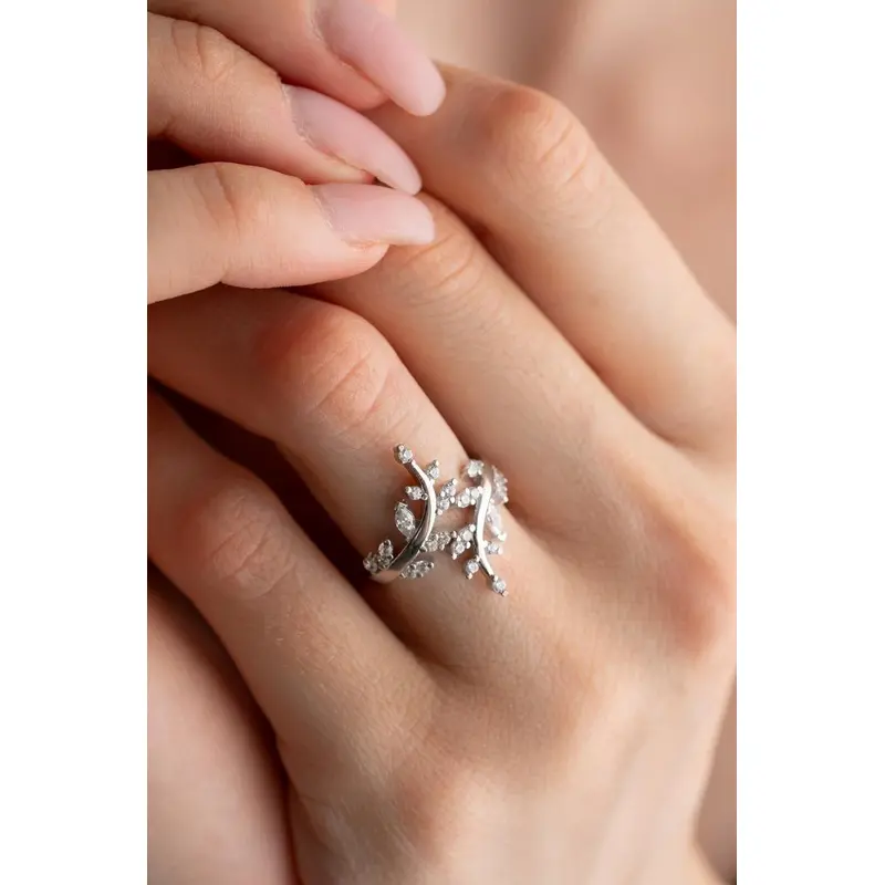 Elegant Adjustable 925 Sterling Silver Olive Branch Ring | Rhodium Plated, Zircon Stone | Women's Fine Jewelry Gift