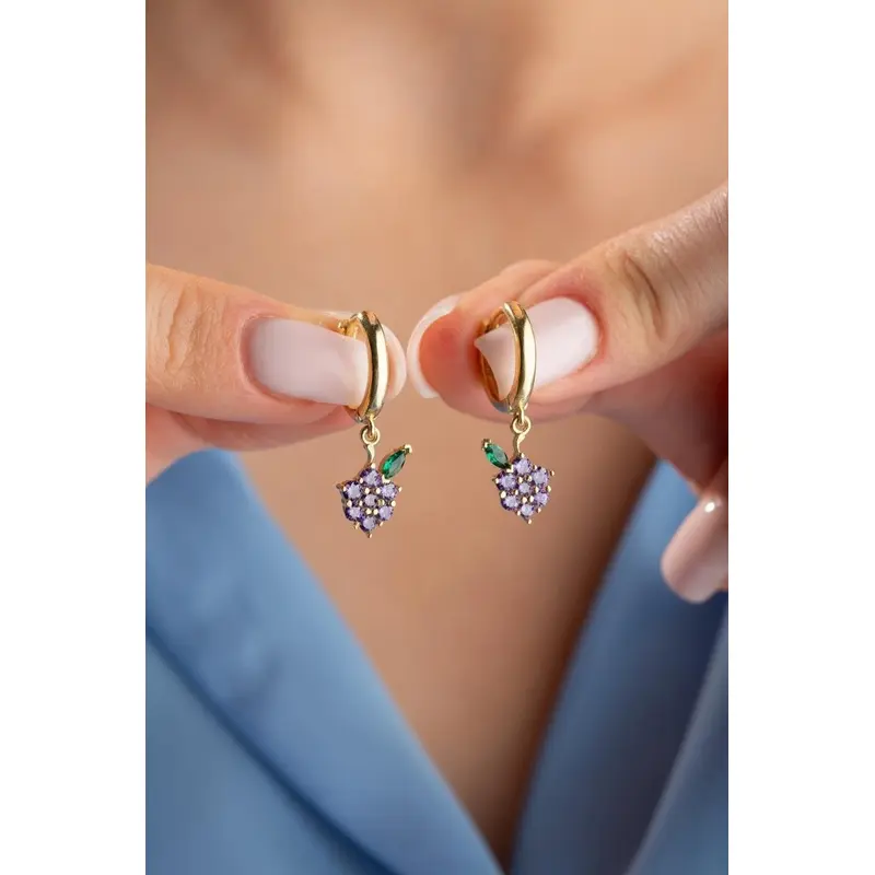 Elegant Gold Plated 925 Sterling Silver Grape Dangle Earrings with Sparkling Zircon Stones