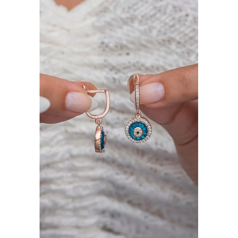 Elegant Rose Gold Plated 925 Sterling Silver Nazar Evil Eye Dangling Earrings with Zircon