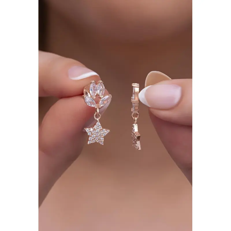 Elegant Rose Gold Plated 925 Sterling Silver Tiny Star Drop Earrings with Zircon Stone