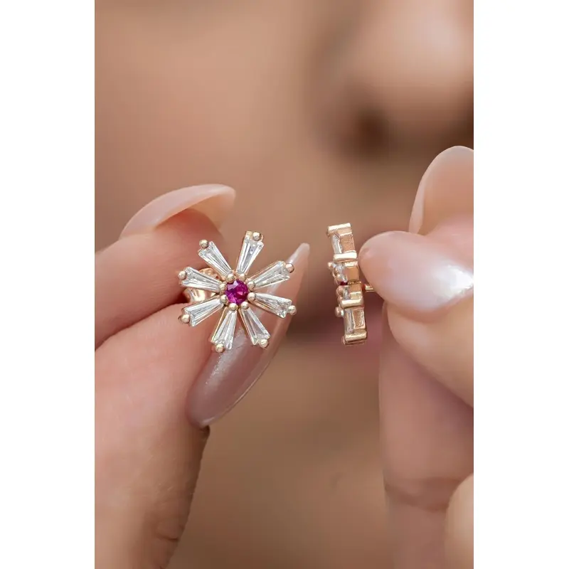 Elegant Rose Plated 925 Sterling Silver Wildflower Earrings | Baguette Zircon