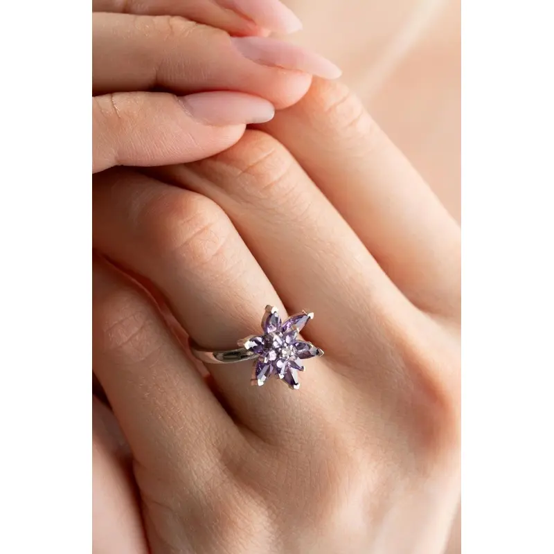 Exquisite 925 Sterling Silver Rhodium Plated Lotus Flower Ring | Adjustable with Purple Zircon for Women