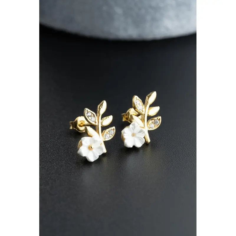 Gold Plated 925 Sterling Silver Tiny Magnolia Flower & Olive Branch Earrings with Zircon