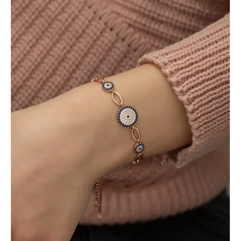 Luxury 925 Sterling Silver Rose Gold Plated 3-Piece Nazar Evil Eye Bracelet Set - Adjustable with Sparkling Zircon