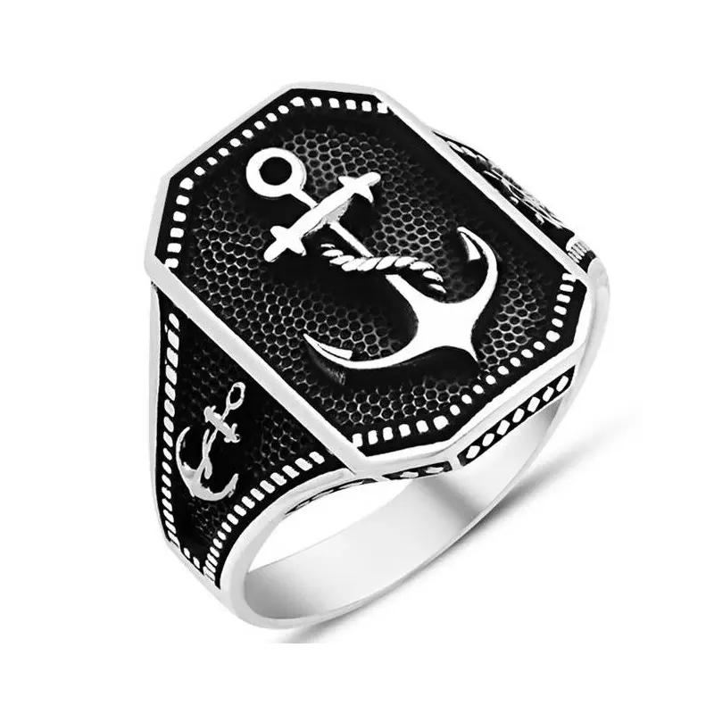 Oxidized Sterling Silver Ship Anchor & Rudder Men's Ring | Nautical Design Jewelry