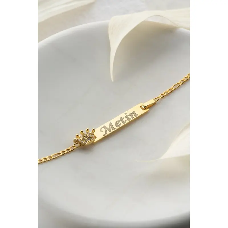 Personalized King Crown Baby Bracelet | Engrave Name | Sterling Silver Figaro Chain Gift
