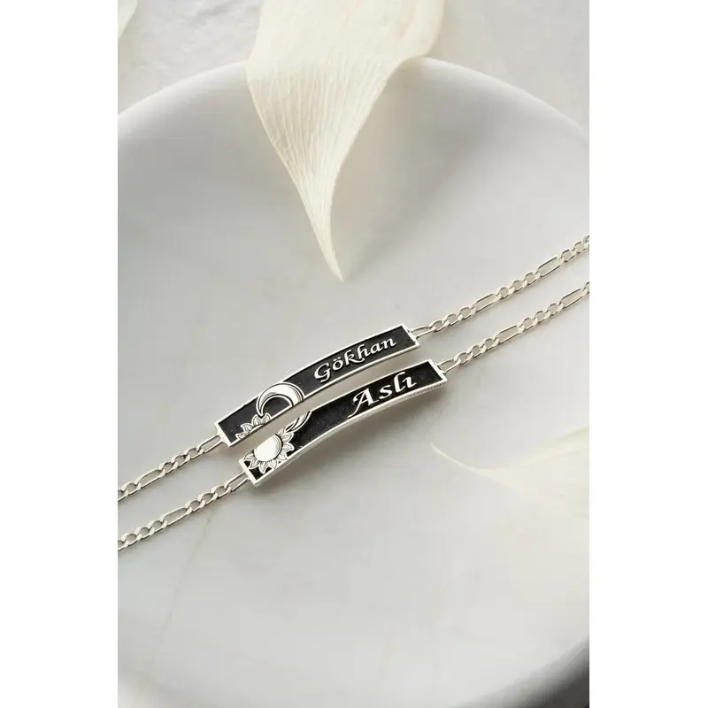 Personalized Moon and Sun Harmony Couple Name Bracelets - 925 Sterling Silver Matching Set (2 Pieces)