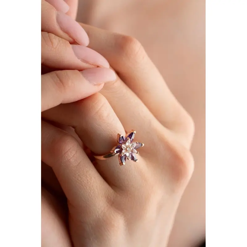 925 Sterling Silver Lotus Flower Ring with Purple & White Zircon Stones | Rose Gold Tone Finish | Adjustable Size