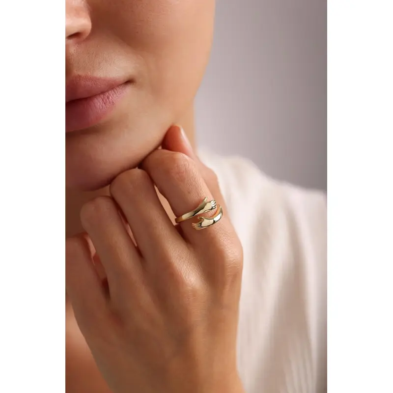 Adjustable Gold Plated Sterling Silver Wrapped Hands Ring | Symbol of Unity & Connection