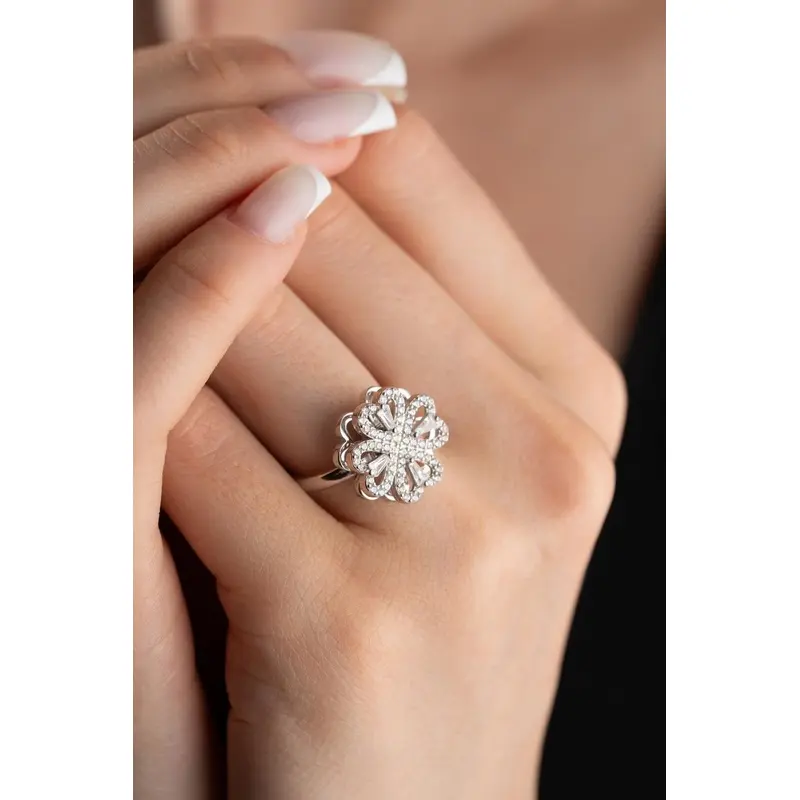 Dazzling 925 Sterling Silver Rotating Four-Heart Clover Ring | Adjustable Zircon Stone Statement Jewelry