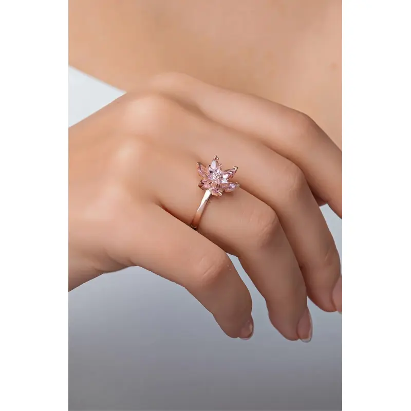 Elegant Pink Lotus Flower Adjustable Ring - 925 Sterling Silver with Sparkling Zircon Stone