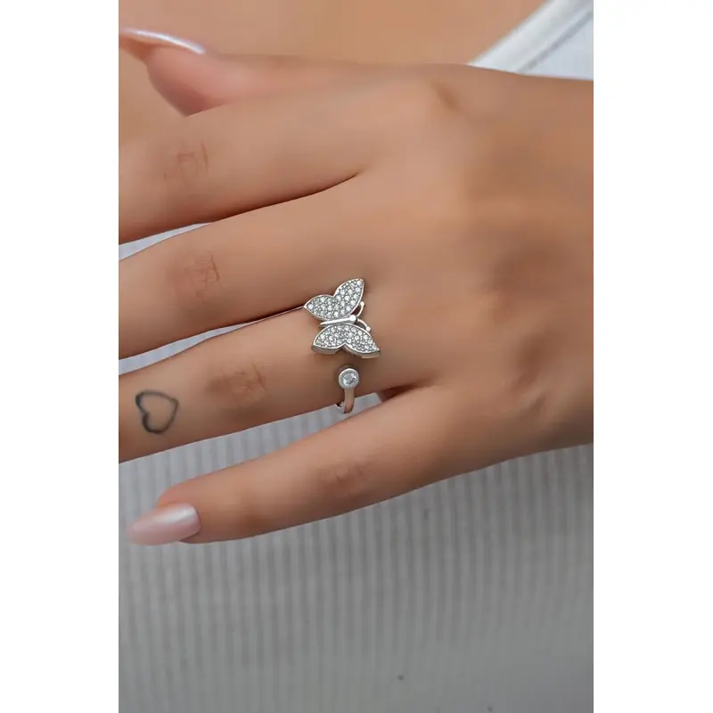 Elegant Rhodium Plated 925 Sterling Silver Butterfly Ring with Zircon - Adjustable for Women