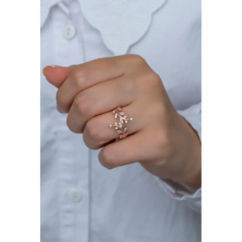 Elegant Rose Gold Plated 925 Sterling Silver Olive Branch Ring with Zircon Stone - Adjustable Size